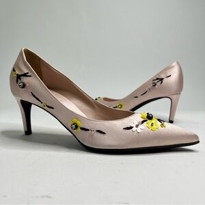 Giambattista Valli Blush Pink Luxury Satin Yellow Floral Embroidered Kitten Heel